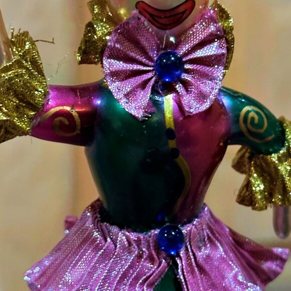 Clown Jester Blown Glass Christmas Ornament Painted Pink Green 6 Inches - Picture 3 of 7
